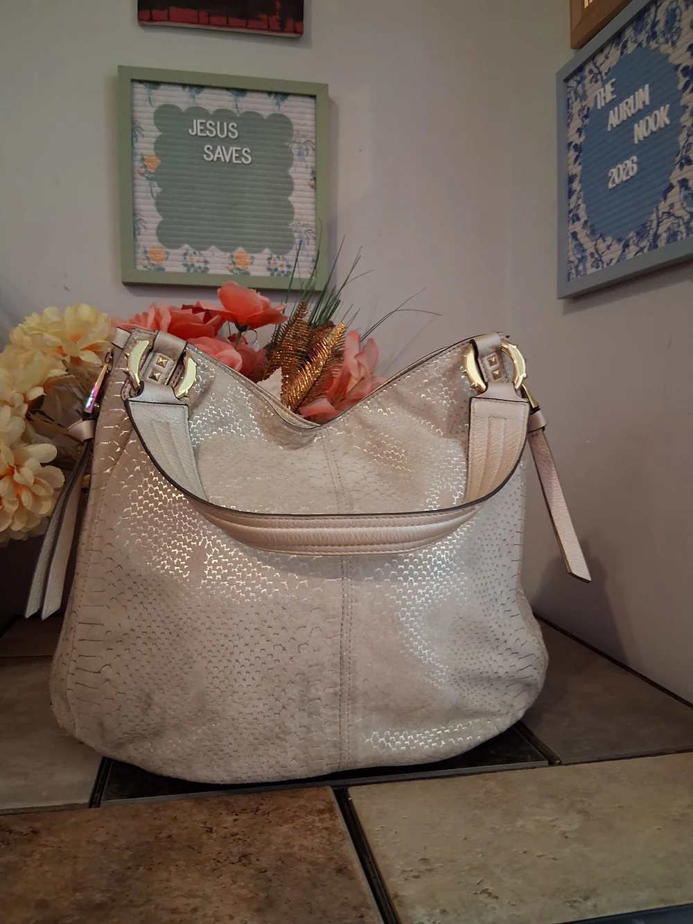 Aimee Kestenberg Cream Textured Hobo Bag with Gold Hardware